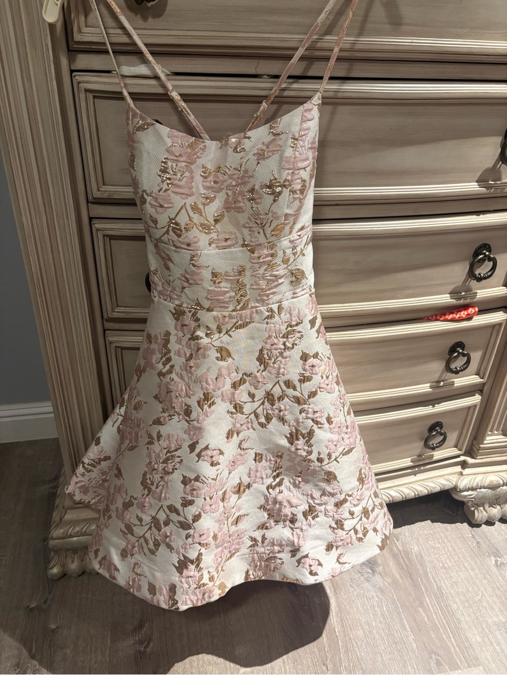 Macy's Cream and Blush Floral Fit-and-Flare Dress with pockets